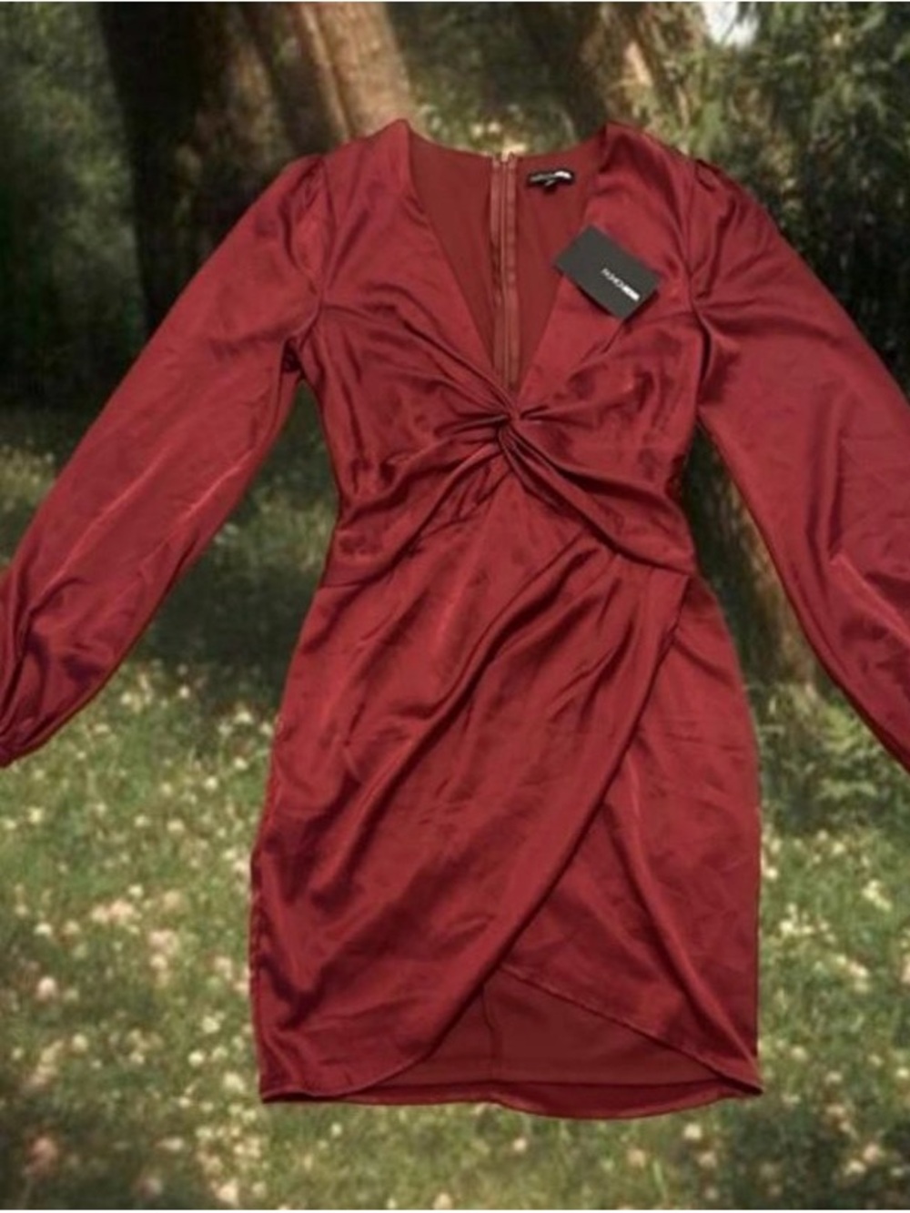 Fashion Nova Twist-Front Satin Dress - Burgundy